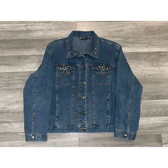 Blue jean jacket Bedazzled Sunburst by Morning Sun denim women's studded Sz L - Picture 1 of 16